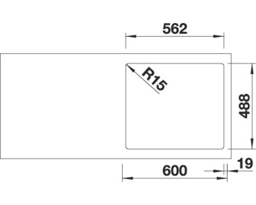 Technische Zeichnung einer Spüle mit den Maßen 562, 488, 600 und 19 Millimeter