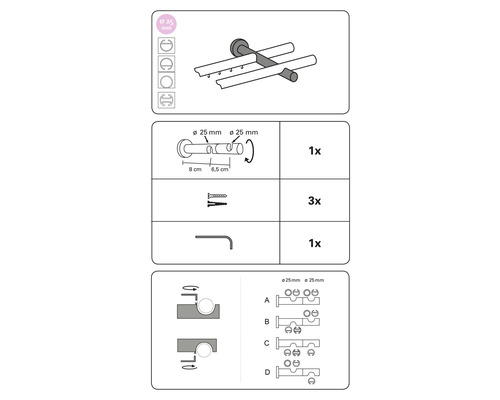 Montageanleitung für ein Badezimmerprodukt mit den Durchmessern 25 Millimeter.
