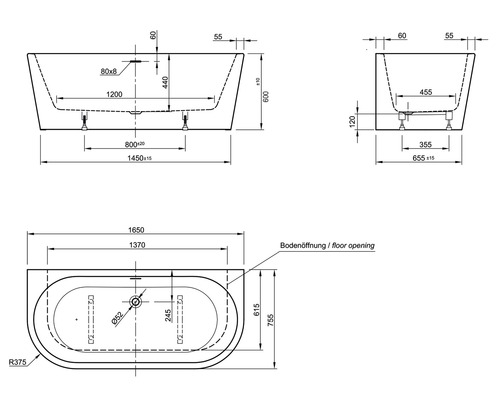 Technische Zeichnung einer Badewanne mit Maßangaben