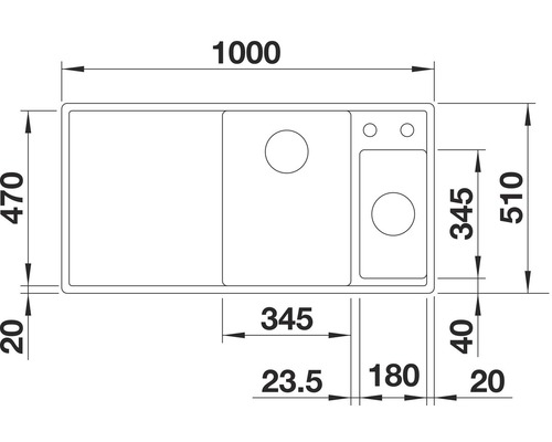 Zeichnung einer Spüle mit den Maßen 1000 x 470 Millimeter.