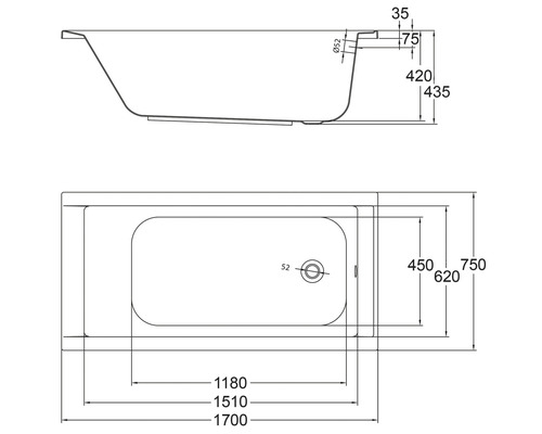 Technische Zeichnung einer Badewanne mit Maßangaben