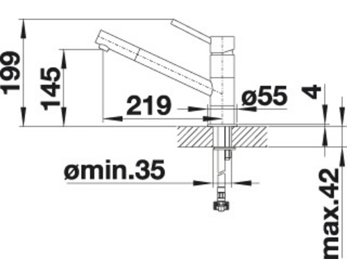 Technische Zeichnung einer Küchenarmatur mit Maßangaben