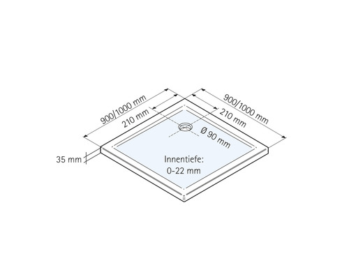 Technische Zeichnung einer Duschwanne mit Maßangaben