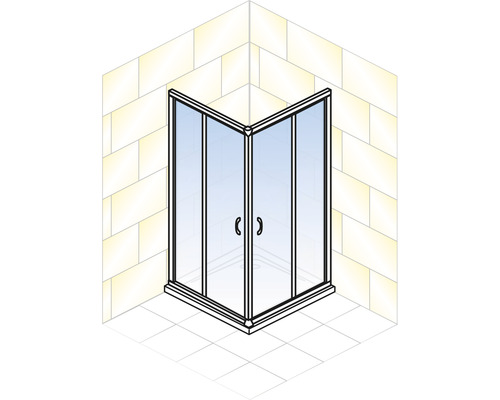 Eckdusche mit Glastüren und Griffen in einem Badezimmer