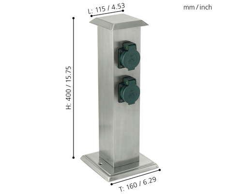 Edelstahlsäule mit zwei Steckdosen und Maßangaben