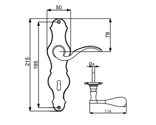 Technische Zeichnung eines Türdrückers mit Maßangaben