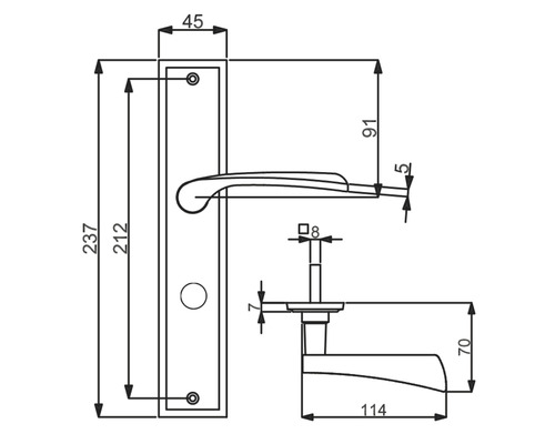 Technische Zeichnung eines Türdrückers mit Maßen.