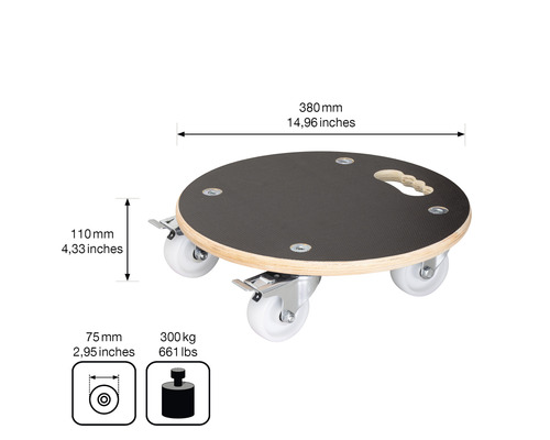 Runde Rollbrett mit Griff und Abmessungsangaben.