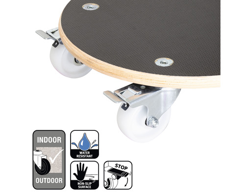 Rollbrett mit Rollen und Bremse sowie Symbole für Innen- und Außenbereich, wasserabweisend, rutschfeste Oberfläche und Feststellbremse