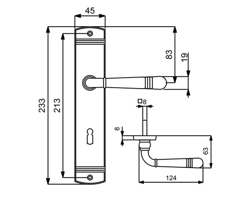 Technische Zeichnung eines Türdrückers mit Langschild und Maßangaben