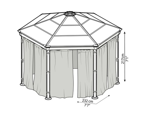 Abbildung eines Pavillons mit den Maßen 217 cm Höhe und 232 cm Länge