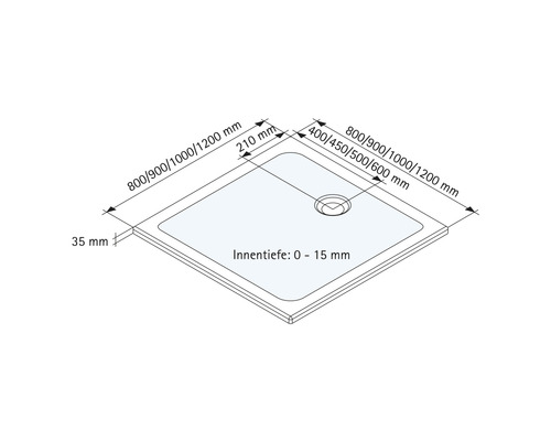Technische Zeichnung einer Duschwanne mit Maßangaben