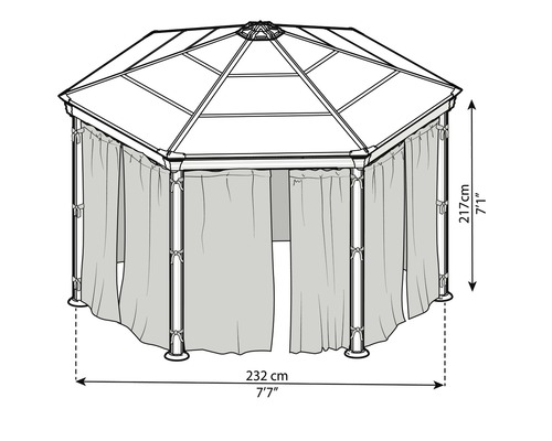 Zeichnung eines Pavillons mit den Maßen 217 cm Höhe und 232 cm Breite