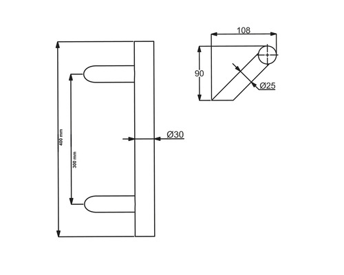 Technische Zeichnung eines Türgriffs mit Maßangaben
