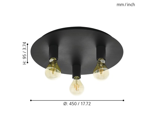 Schwarze Deckenleuchte mit drei Leuchtmitteln und Maßangaben
