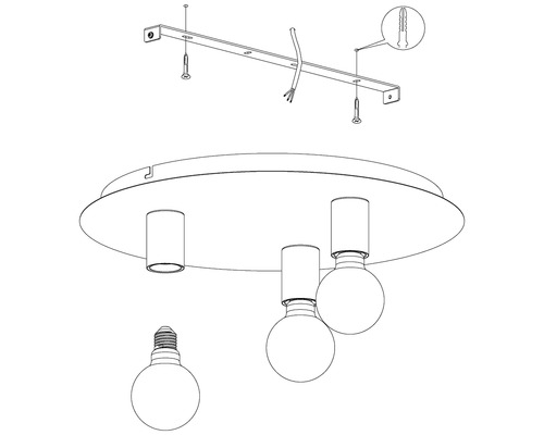 Zeichnung einer Deckenleuchte mit drei Leuchtmitteln und Montagematerial