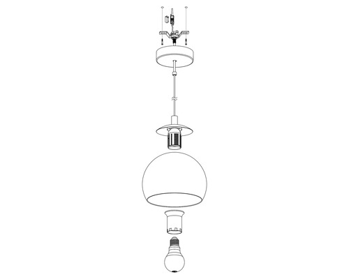 Explosionszeichnung einer Hängelampe mit Glühbirne zur Illustration der Montage