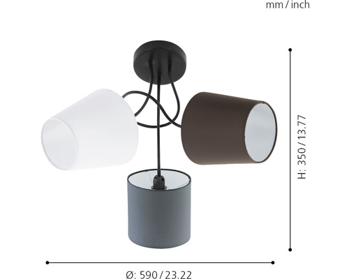 Deckenleuchte mit drei Lampenschirmen in Weiß, Braun und Grau