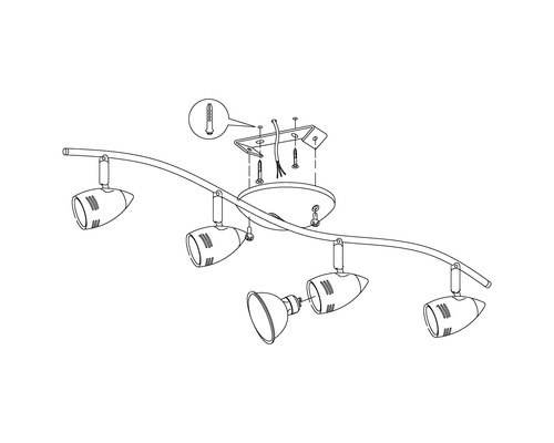 Illustration einer Deckenleuchte mit vier Strahlern und Montagezubehör