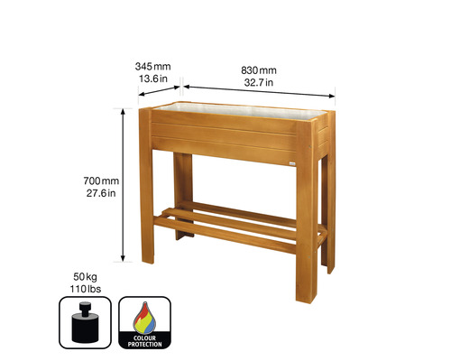 Hochbeet aus Holz mit den Massen 830 mm x 345 mm x 700 mm und einer maximalen Belastbarkeit von 50 kg
