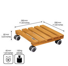 Pflanzenroller aus Holz mit Abmessungen und Traglastangabe