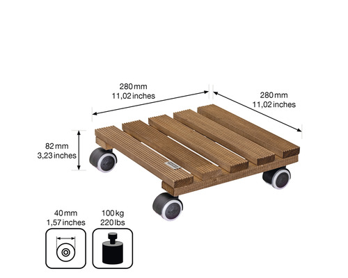 Rollbrett aus Holz mit Abmessungen und Traglastangabe