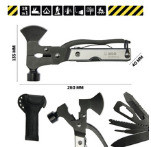 Multifunktionswerkzeug mit Axt, Hammer und verschiedenen Werkzeugen sowie einer Tasche. Abmessungen sind im Bild dargestellt.