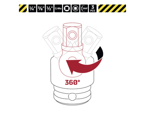 Illustration eines 360 Grad drehbaren Universalgelenks mit den Größen 1/4 Zoll, 3/8 Zoll und 1/2 Zoll, hergestellt aus Chrom-Molybdän-Stahl