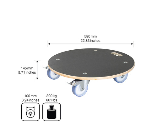 Runde Möbelroller aus Holz mit vier Rollen und Maßangaben