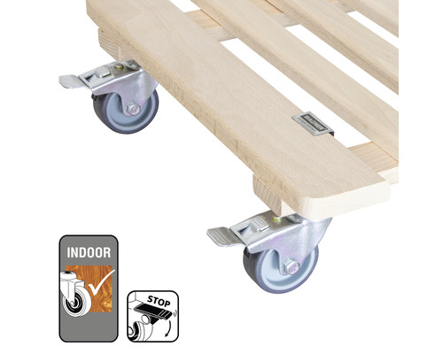 Holzroller mit Rollen für den Innenbereich und Feststellbremse