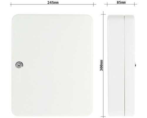 Abbildung eines Schlüsselschranks mit den Maßen 245 mm Breite, 300 mm Höhe und 85 mm Tiefe.