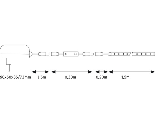 Abbildung einer LED-Lichterkette mit Stecker und Maßangaben
