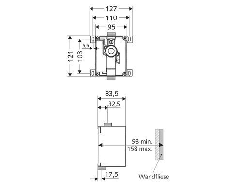 Maßzeichnung Unterputzkörper mit Wandfliese und Maßangaben