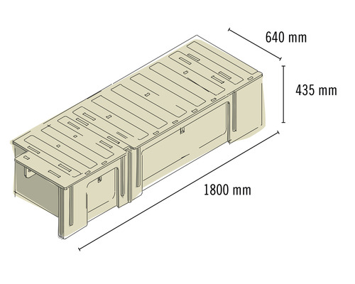 Illustration einer Regalkombination mit den Maßen 1800 mm Länge, 640 mm Breite und 435 mm Höhe.