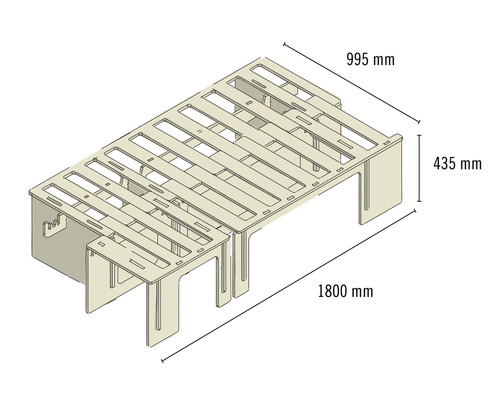 Bettgestell mit den Maßen 995 mm x 1800 mm x 435 mm