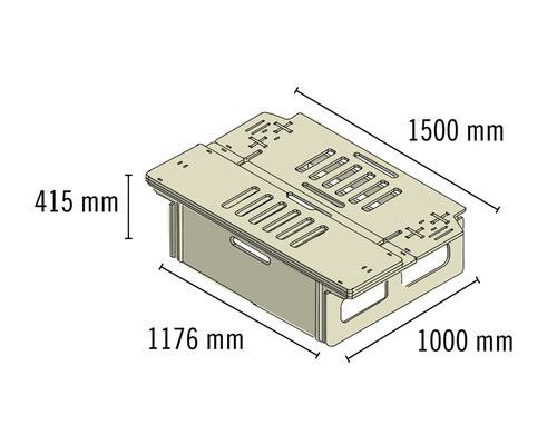Illustration eines Schreibtischaufsatzes mit den Maßen 1500 mm mal 1176 mm mal 1000 mm mal 415 mm.