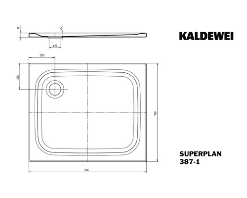 Technische Zeichnung einer Kaldewei Superplan Duschwanne mit Maßen