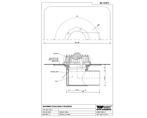TopWet Dachgully mm Horizontal mit integrierter beheizbarer Bitumen-Manschette NW 125 mm H = 157 mm