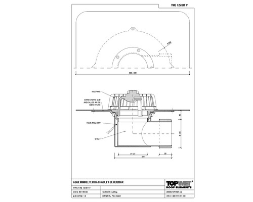 TopWet Dachgully mm Horizontal mit integrierter beheizbarer Bitumen-Manschette NW 125 mm H = 165 mm