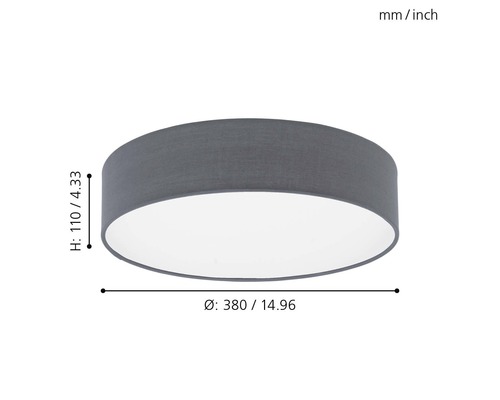 Graue Deckenleuchte mit den Maßen 380 mal 110 Millimeter