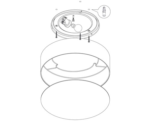 Explosionszeichnung einer Deckenleuchte zur Montage mit Schrauben, Fassung und Leuchtmittel