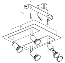 Technische Zeichnung einer Deckenleuchte mit vier Strahlern und Befestigungsmaterial.