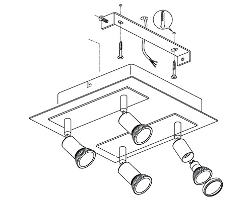 Technische Zeichnung einer Deckenleuchte mit vier Strahlern und Befestigungsmaterial.