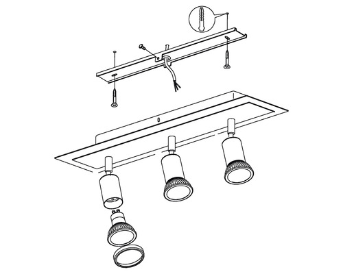 Zeichnung einer Deckenleuchte mit drei Strahlern und Montageanleitung