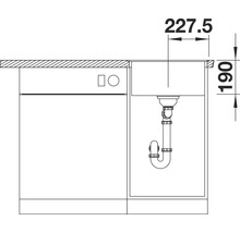 Maßzeichnung eines Küchenspülbeckens mit Unterschrank und Siphon