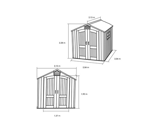 Technische Zeichnung eines Gartenhauses mit Maßangaben