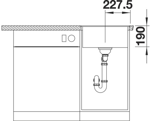 Technische Zeichnung eines Spülbeckens mit Abmessungen 227,5 und 190.