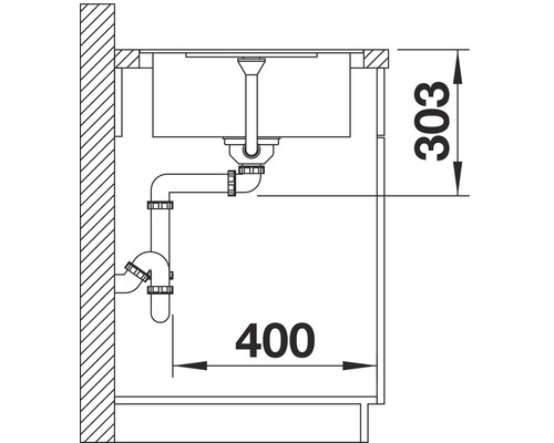 Schema einer Spüle mit Siphon und Maßangaben