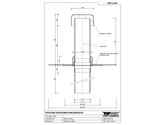 TopWet Kanalisationsentlüftung mit integrierte Bitumen-Manschette inkl Regenschutzklappe NW 110 mm H = 332 mm