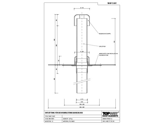 TopWet Kanalisationsentlüftung mit integrierte Bitumen-Manschette inkl Regenschutzklappe NW 75 mm H = 332 mm